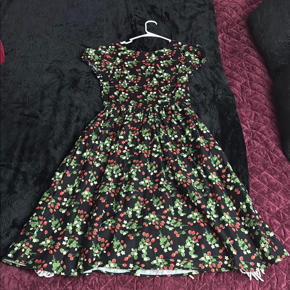 Collectif Black Dress with Strawberries and Green Floral Design